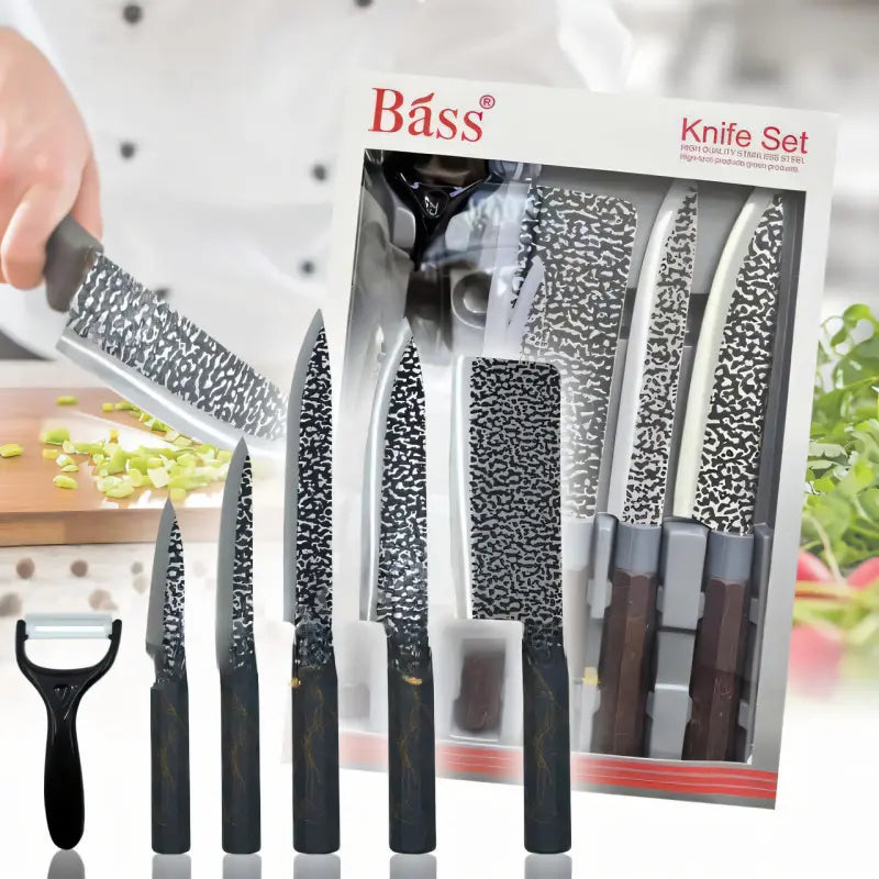 Báss knife set with packaging on a blurred kitchen background