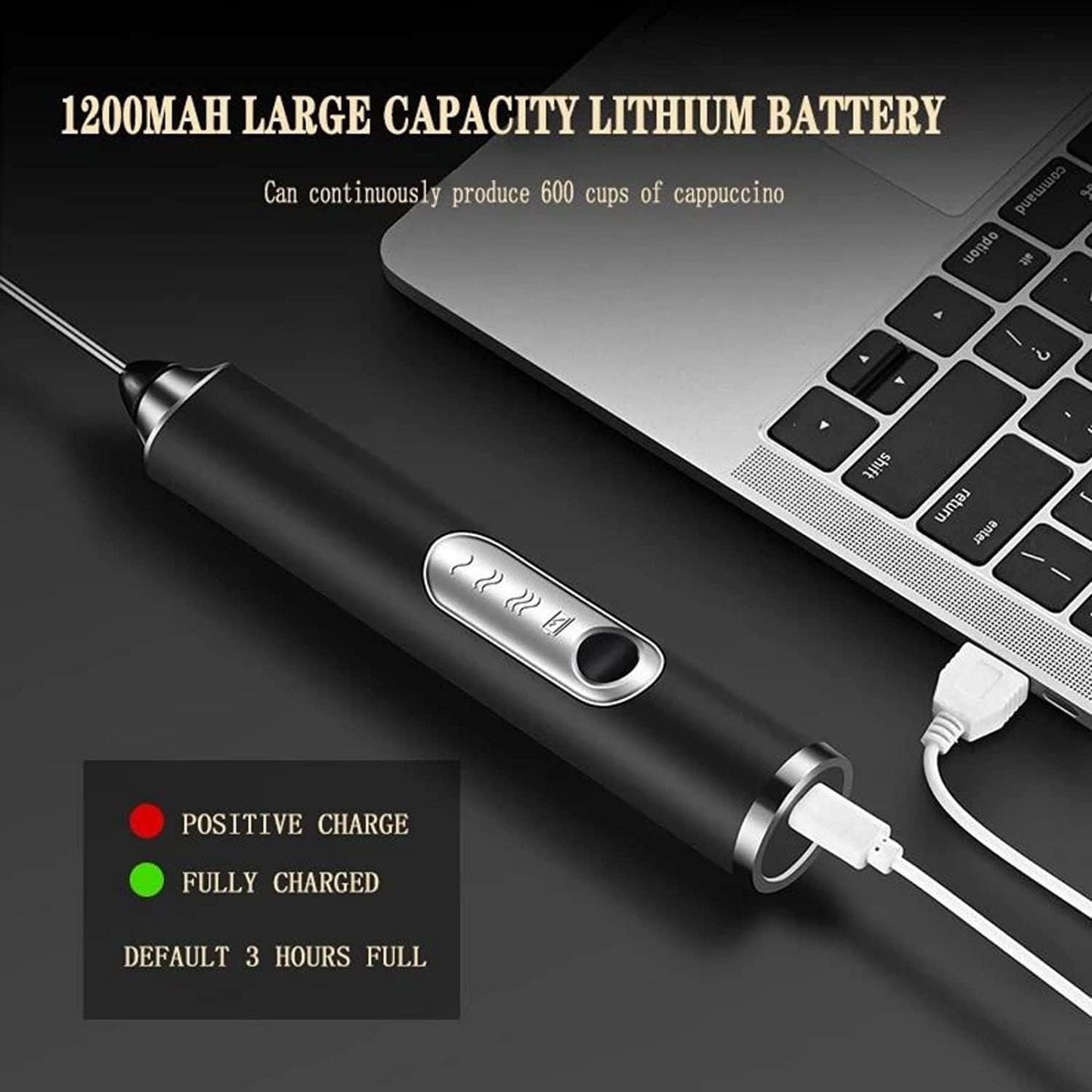 Black handheld device with USB cable connected to a laptop, featuring text about battery capacity and charging status.