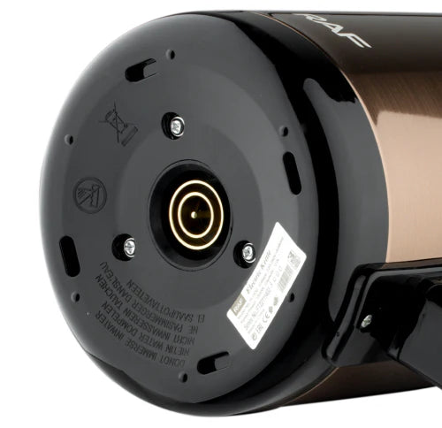 Close-up of a coffee grinder with brand logo on a white background