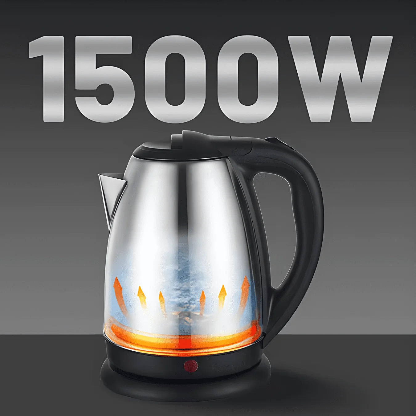 Electric kettle with 1500W text on a dark background
