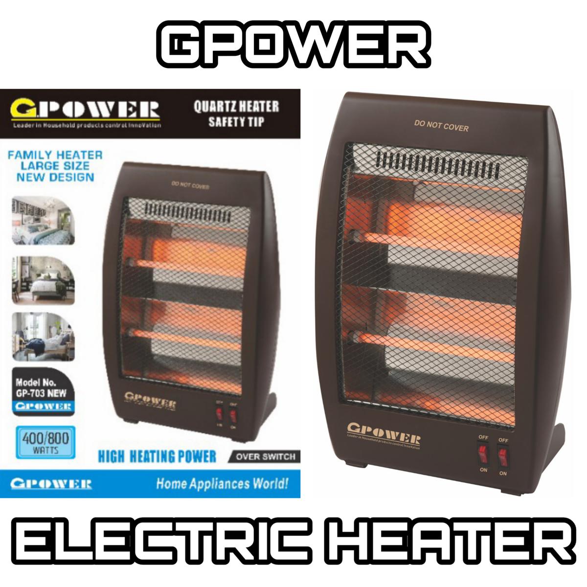 GPower electric heater with safety tip and product details on a white background