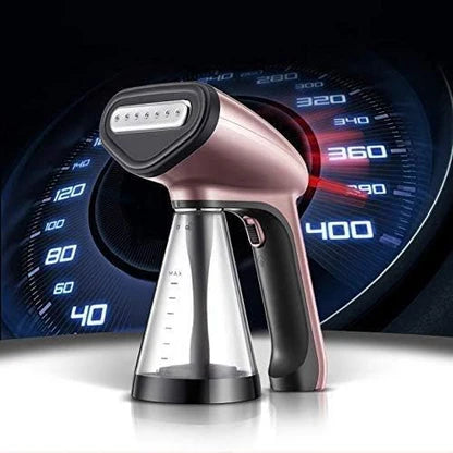 Handheld steamer with digital display against a blurred speedometer background
