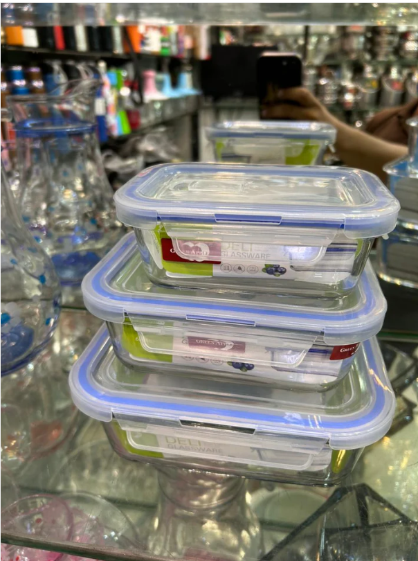 premium 3-piece glass food storage container set with airtight lids, available in 350ml, 680ml, and 1.0L capacities