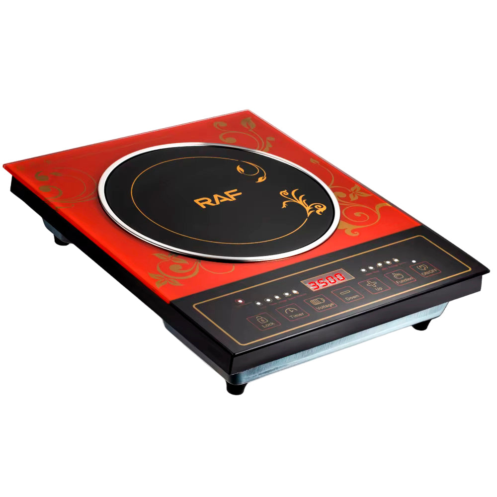 Induction cooktop with red and black design on a white background