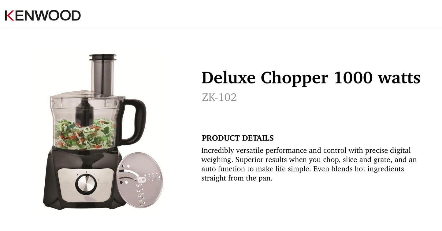 Kenwood Deluxe Chopper 1000 watts with product details on a white background