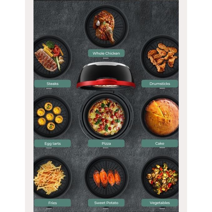 Multifunctional kitchen appliance with various food items on a dark surface