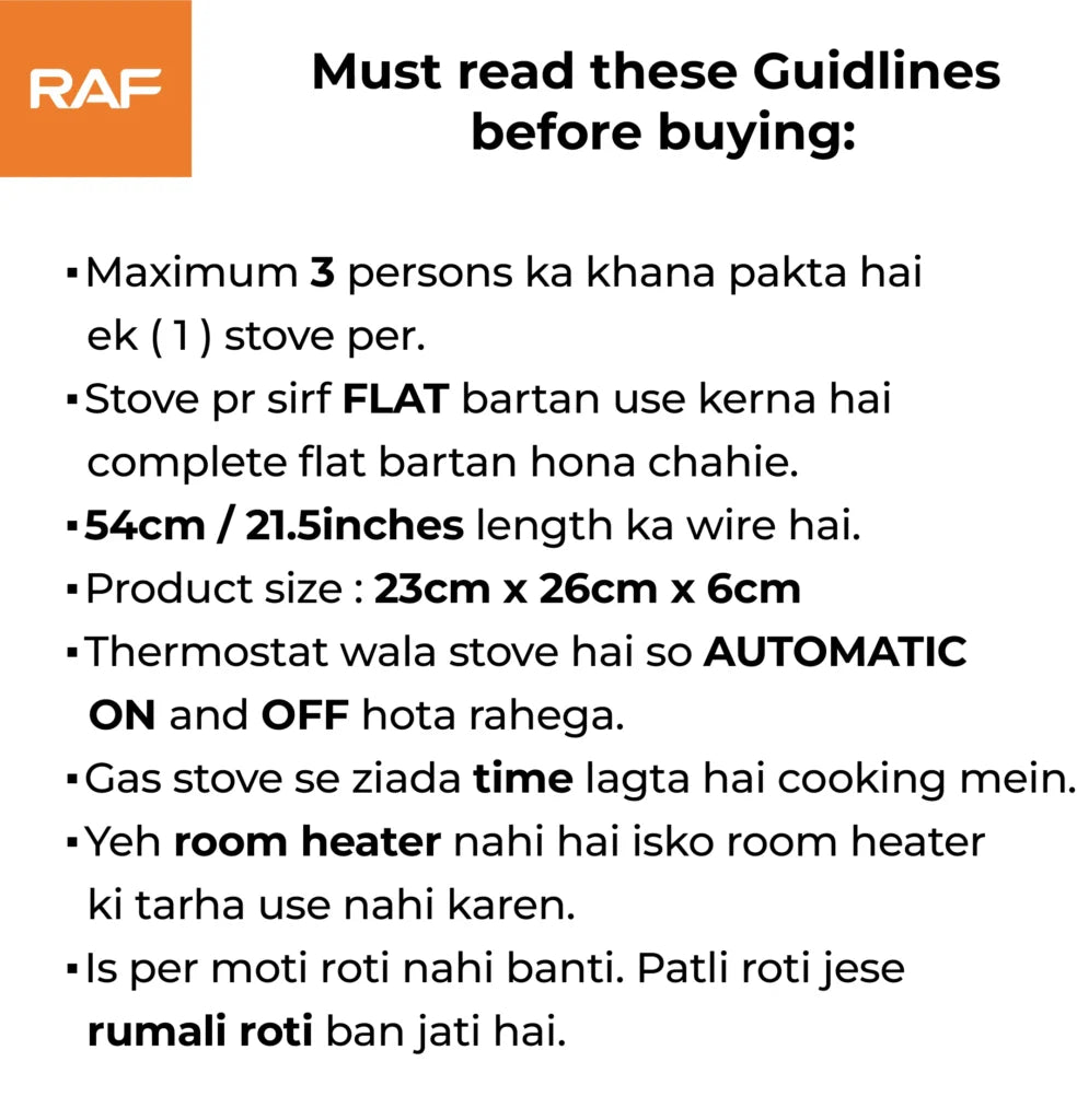 Product guidelines for a RAF electric stove