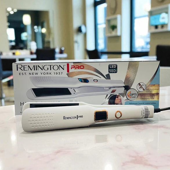 Remington hair straightener on a counter with packaging