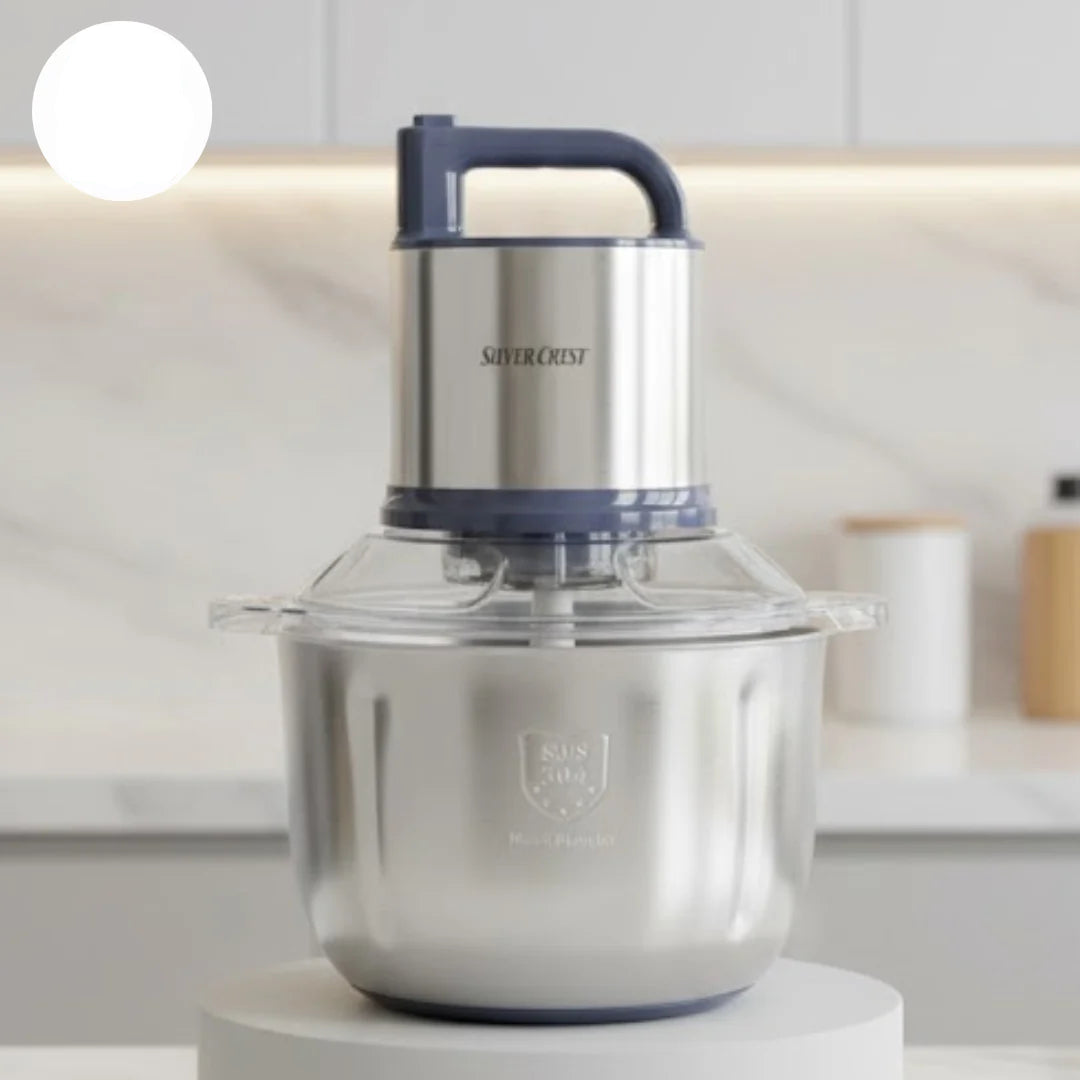 Silvercrest food processor on a kitchen counter with a blurred background