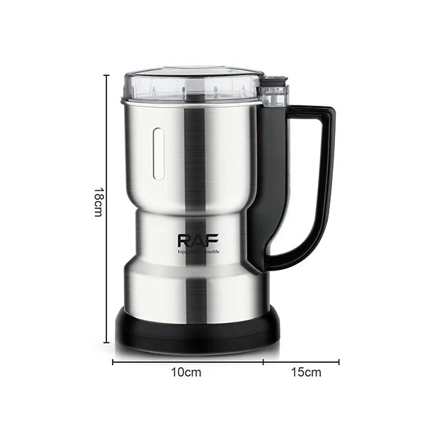 Stainless steel mug with black handle and RAF logo, shown with dimensions on a white background.