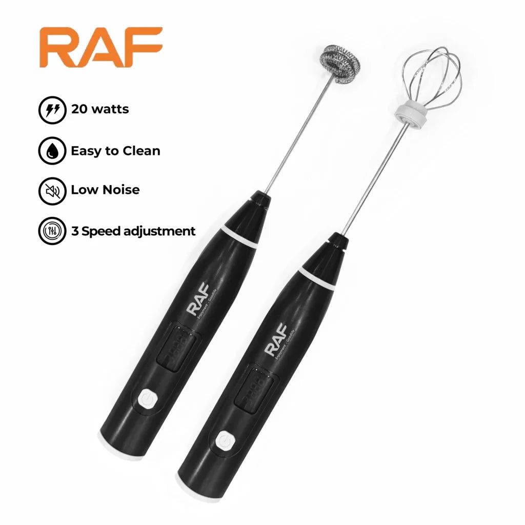 Two black milk frothers with whisks, labeled RAF, on a white background.