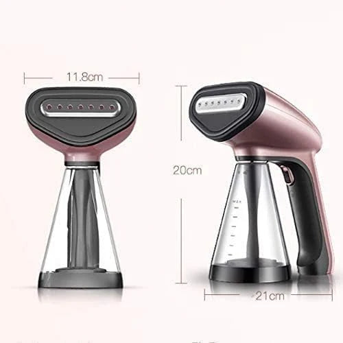 Handheld steamer with dimensions labeled on a white background