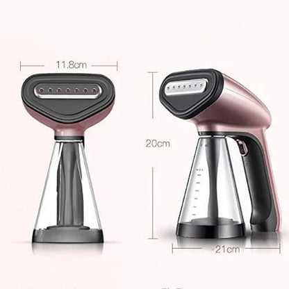 Handheld steamer with dimensions labeled on a white background