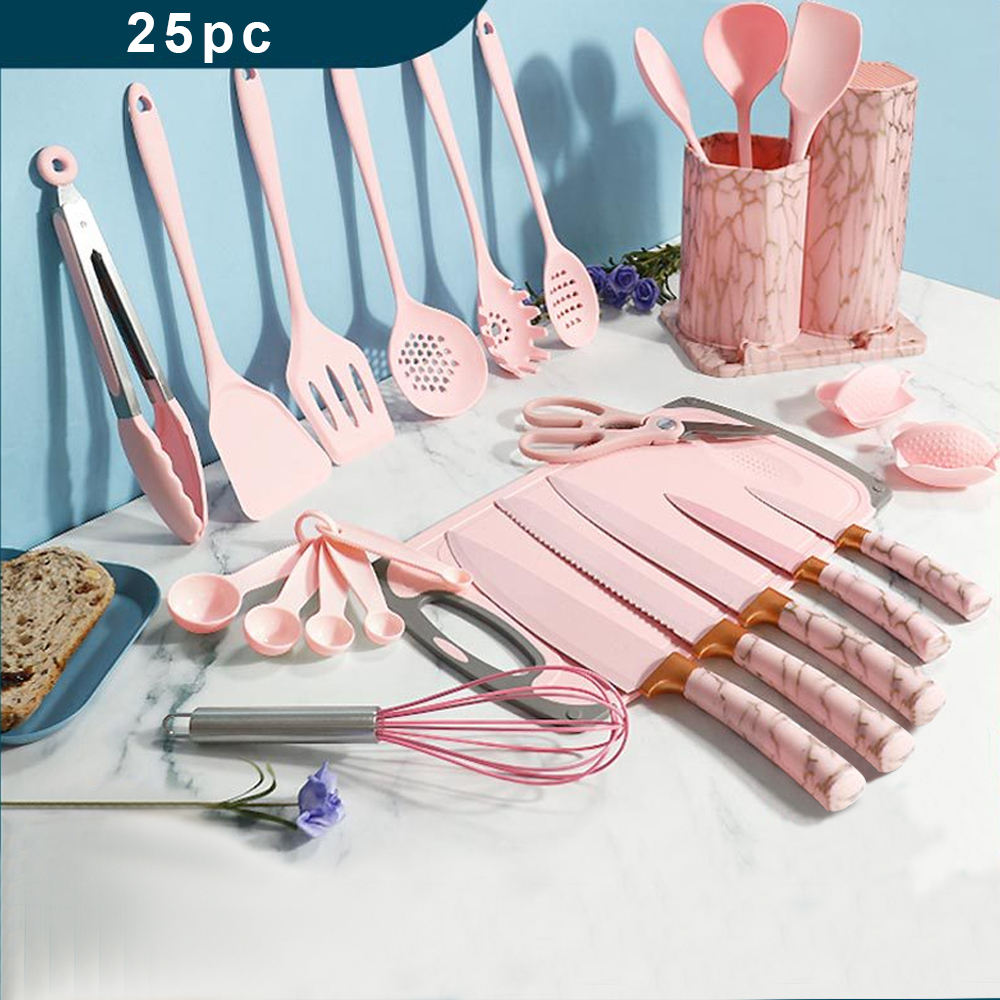 25-piece pink kitchen utensil set with holder on a marble surface.
