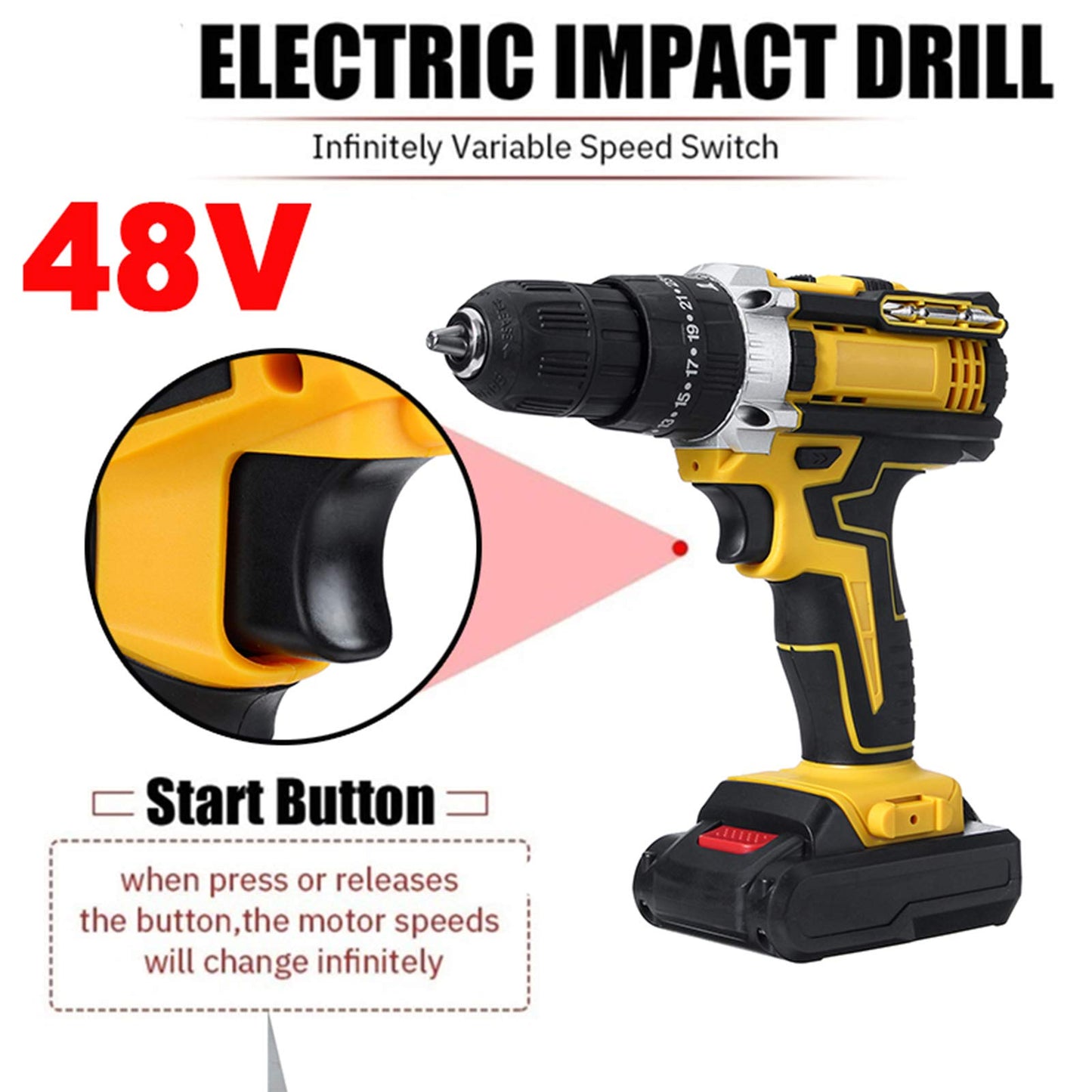 48V electric impact drill with start button and infinitely variable speed switch
