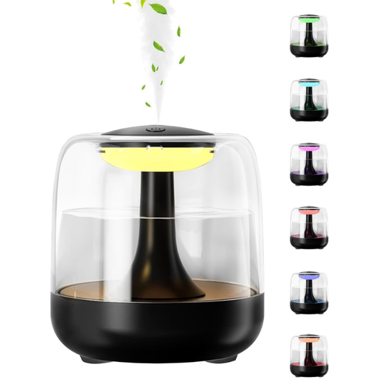 Black and clear diffuser with colorful light effects on a white background