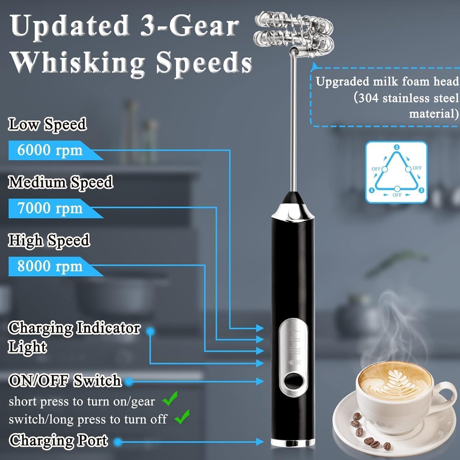 Black and silver milk frother with speed settings and coffee cup