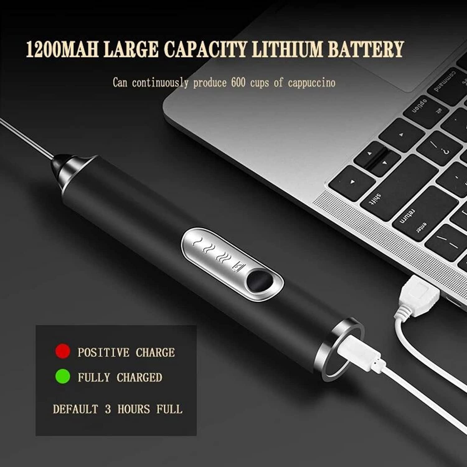 Black handheld device with USB cable connected to a laptop, featuring text about battery capacity and charging status.