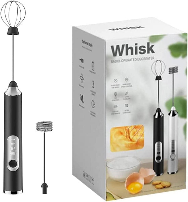 Black handheld whisk with packaging labeled 'Whisk'