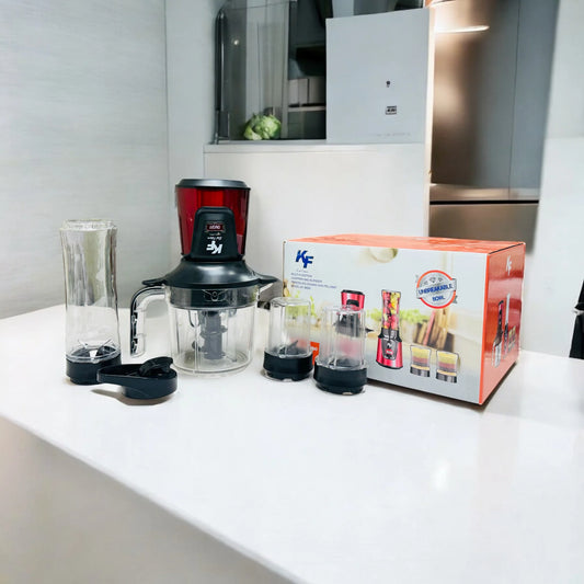 Blender parts on a kitchen counter with a KF brand box