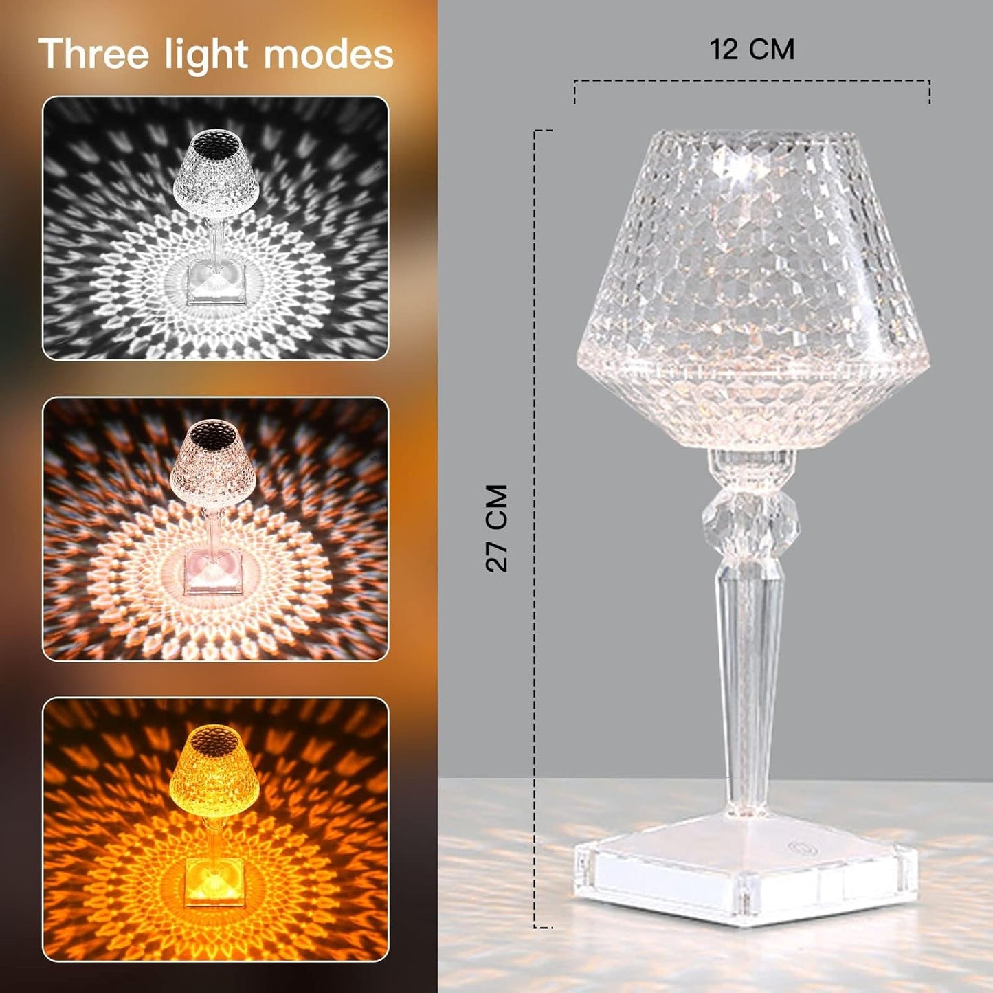 Clear table lamp with three light modes displayed and dimensions shown.
