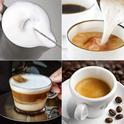 Collage of coffee-making process including a milk frother, pouring milk into coffee, cappuccino, and espresso.