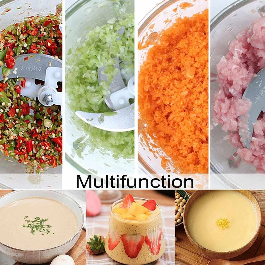 Collage of food processing with text 'Multifunction'