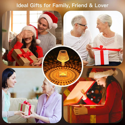 Collage of people exchanging gifts with a close-up of a decorative lamp.