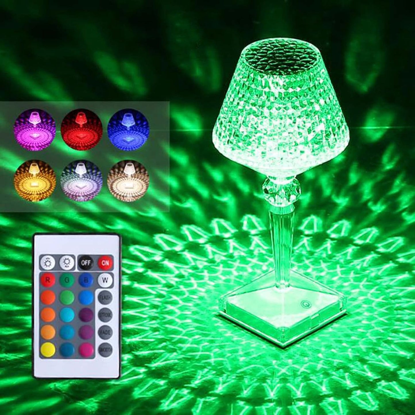 Color-changing LED lamp with remote control on a green light effect background