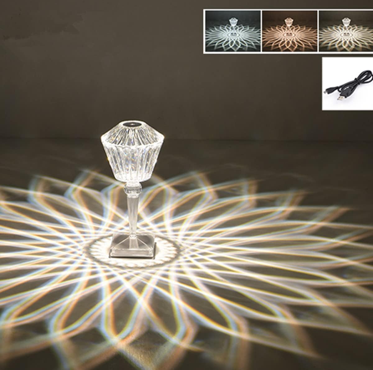 Decorative lamp with crystal design casting a floral pattern on a dark surface, with inset images and a power cord.