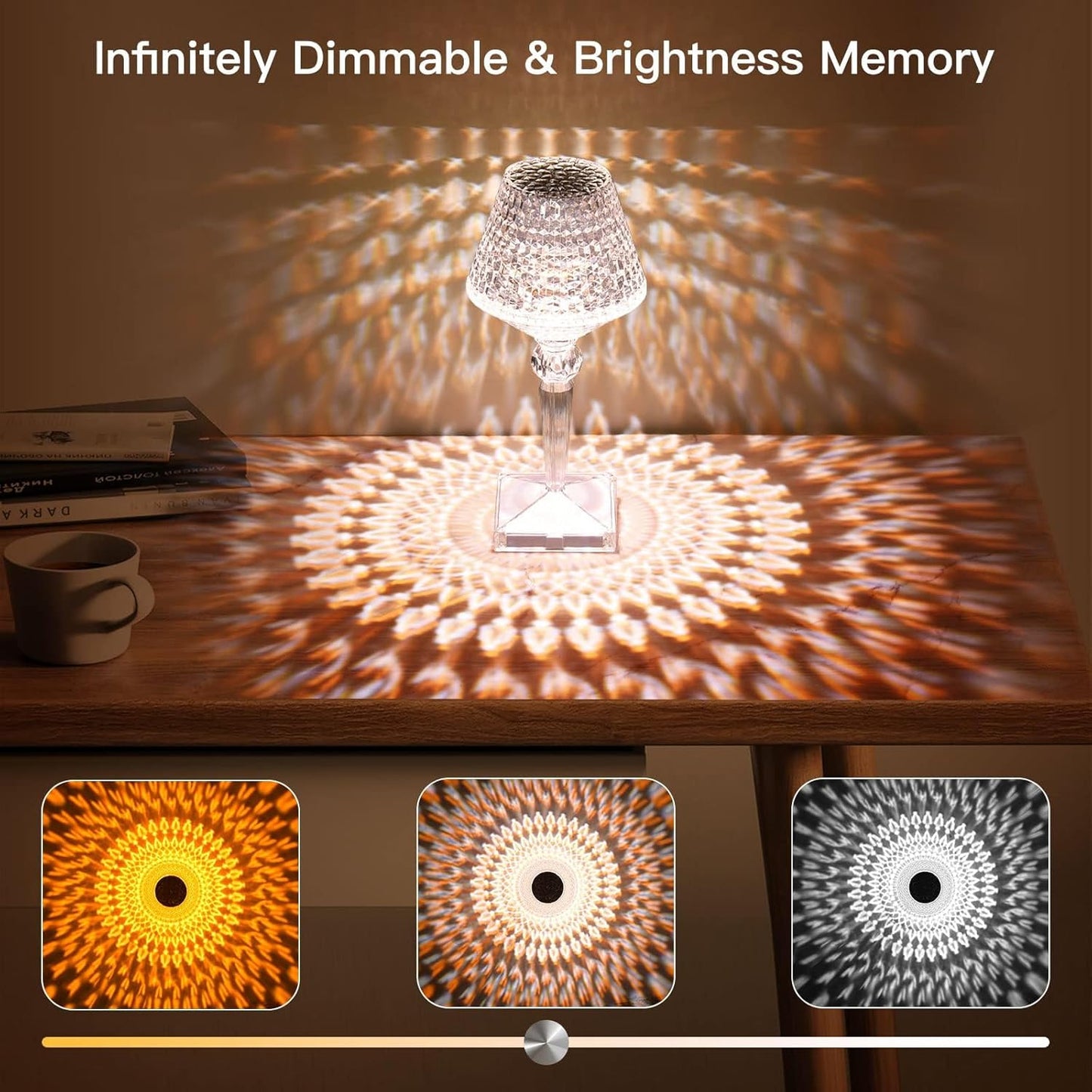 Decorative lamp with geometric light patterns on a wooden surface, emphasizing dimmable and memory features.