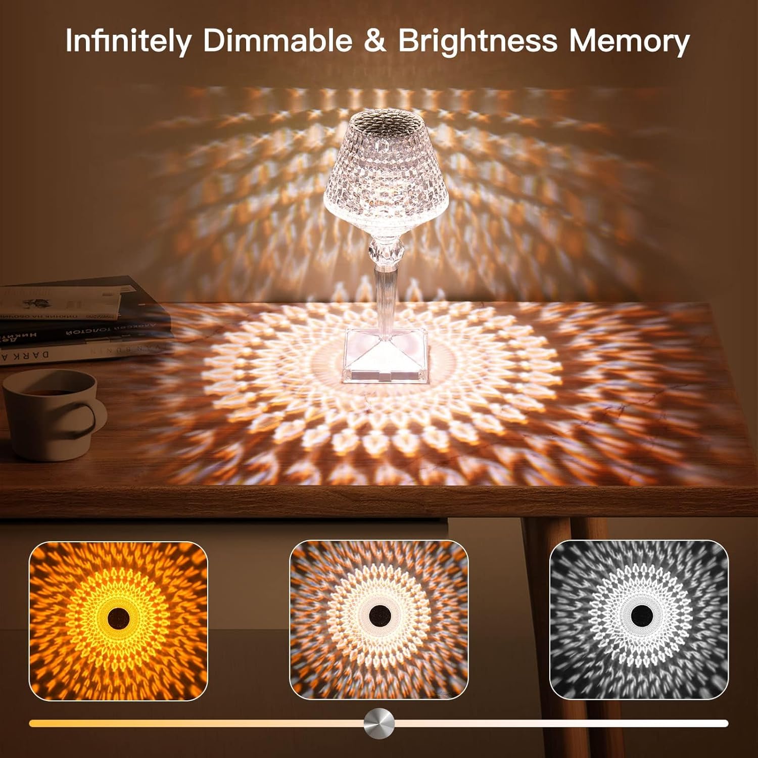 Decorative lamp with geometric light patterns on a wooden surface, emphasizing dimmable and memory features.