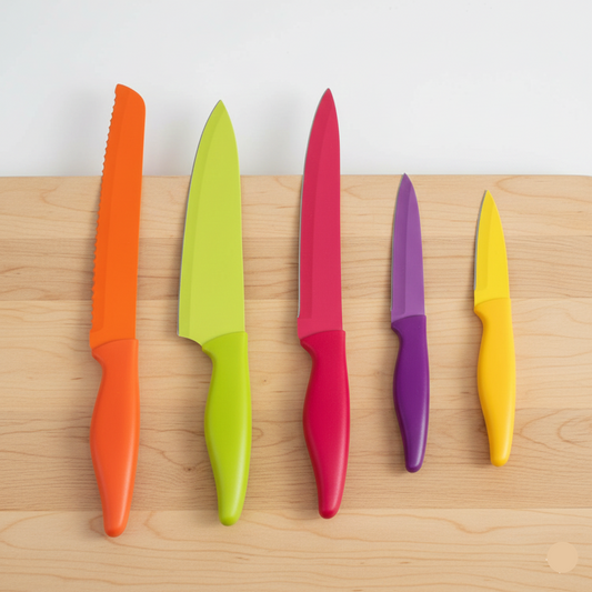 Five colourful knives with orange, green, red, purple, and yellow handles on a wooden surface.