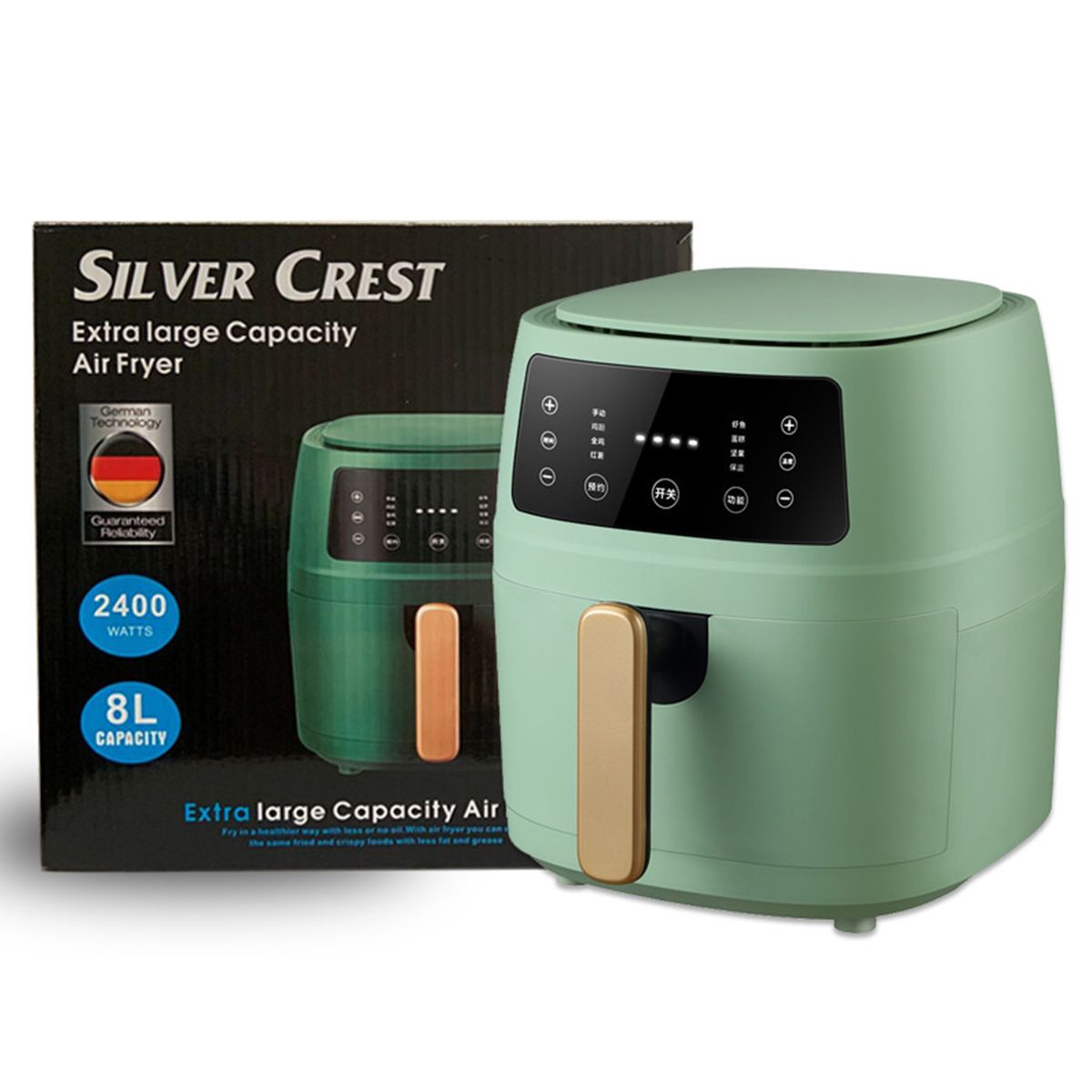 Green air fryer with digital display next to its packaging on a white background