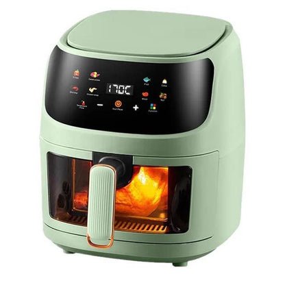 Green air fryer with digital display on a white background