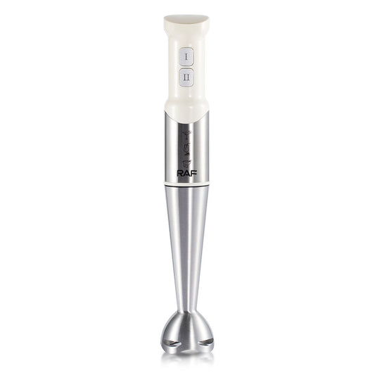 Hand blender with white top and silver body
