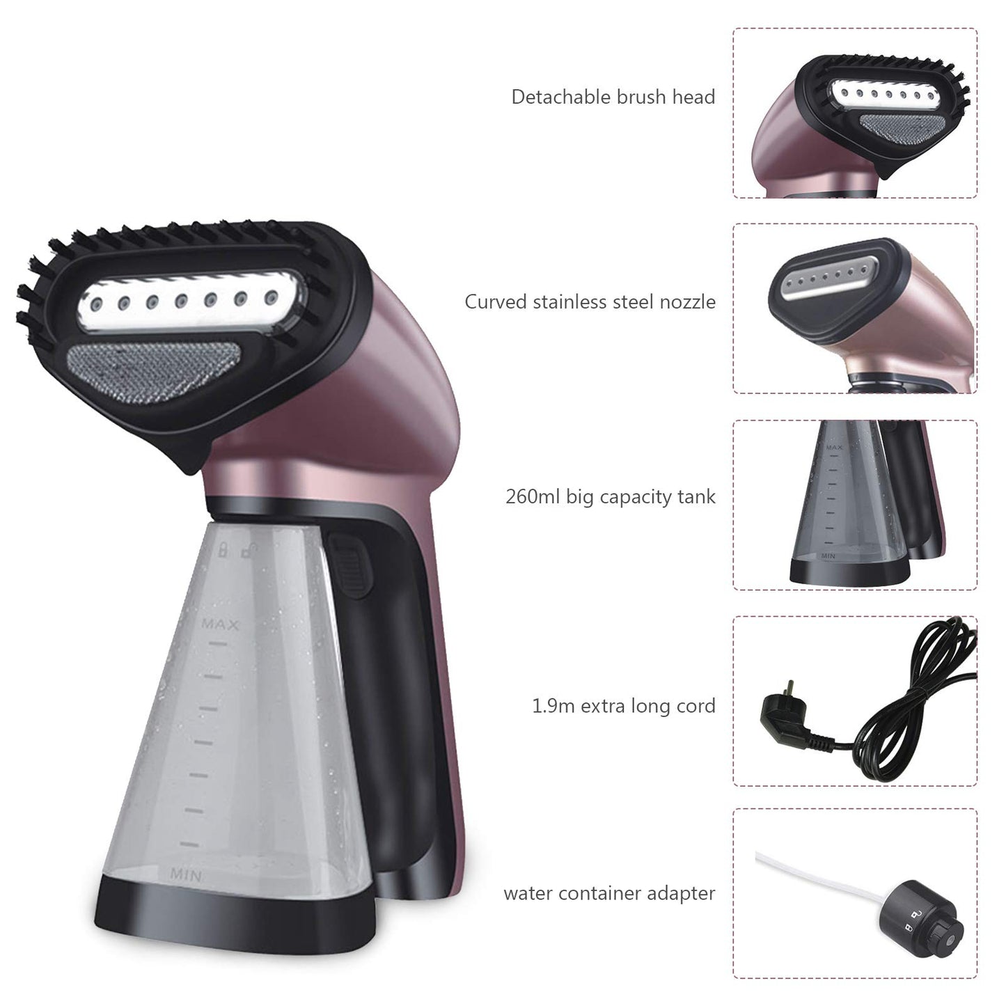 Handheld steamer with features highlighted on a white background