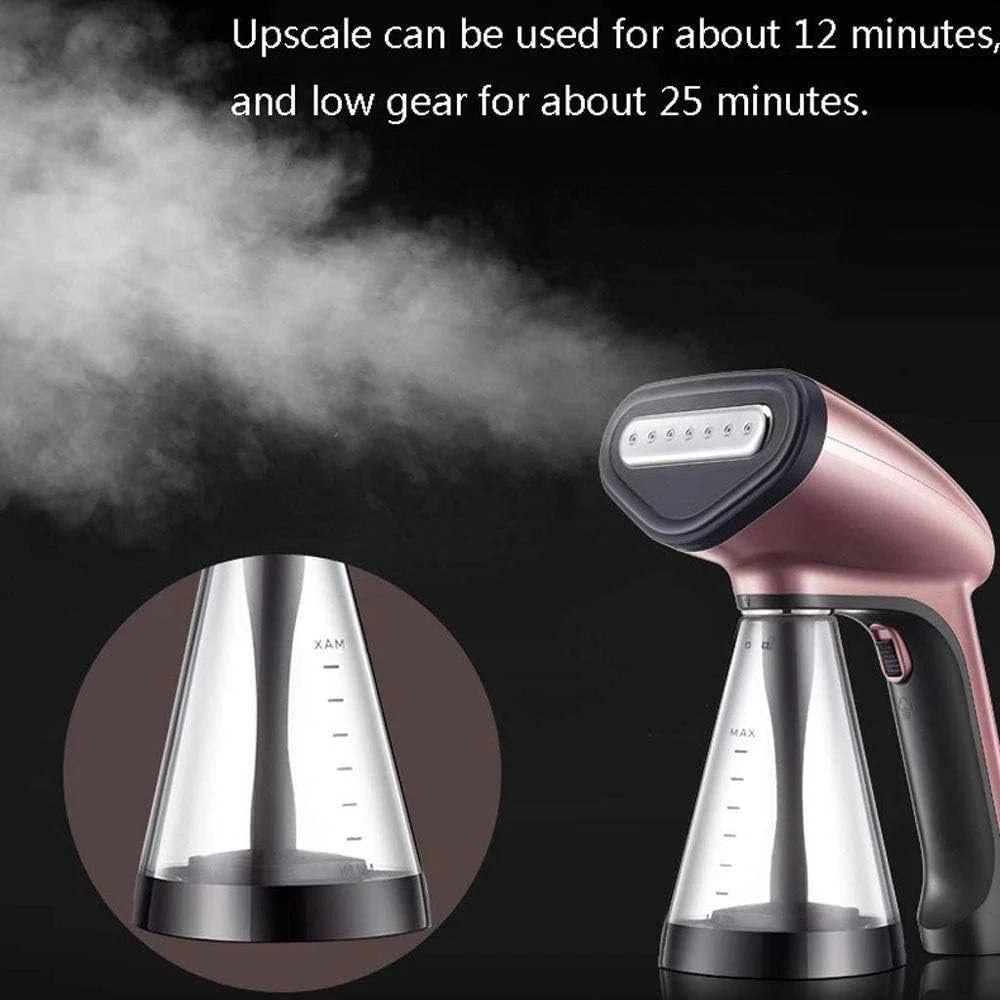 Handheld steamer with steam emanating from it, showing usage time information.