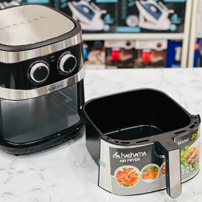 Hashama air fryer on a countertop with blurred background