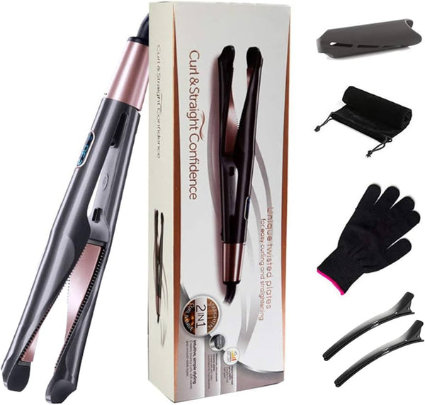 Hair Curler & Straightener 2 in 1,  Spiral Wave Curling Iron, Professional Hair Straighteners