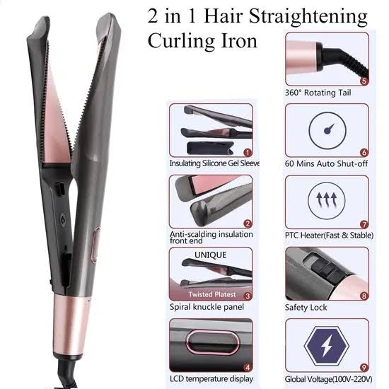 Hair Curler & Straightener 2 in 1,  Spiral Wave Curling Iron, Professional Hair Straighteners