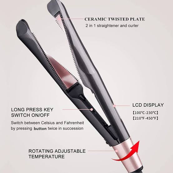 Hair Curler & Straightener 2 in 1,  Spiral Wave Curling Iron, Professional Hair Straighteners