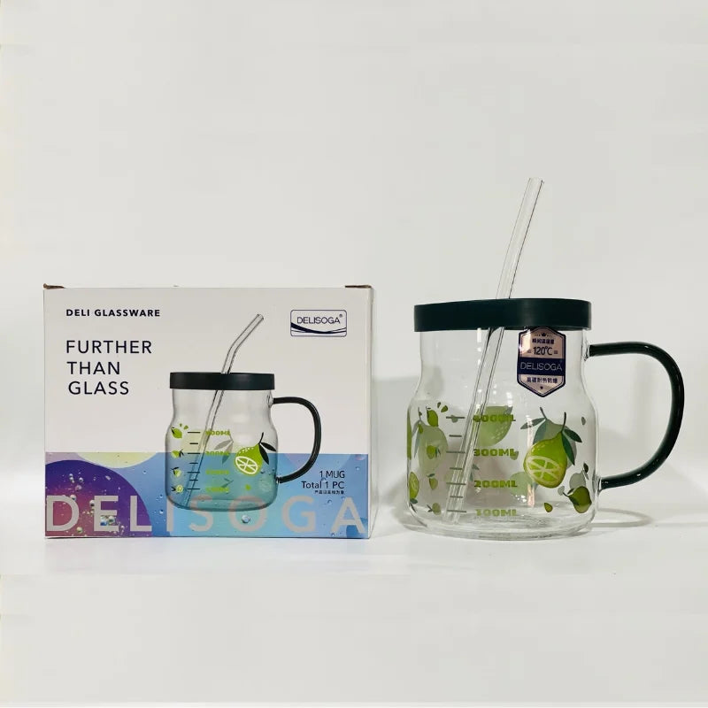 Glass Mug with Lid & Straw 400ml