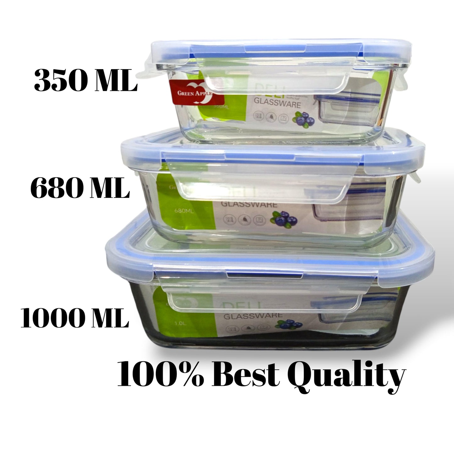 premium 3-piece glass food storage container set with airtight lids, available in 350ml, 680ml, and 1.0L capacities