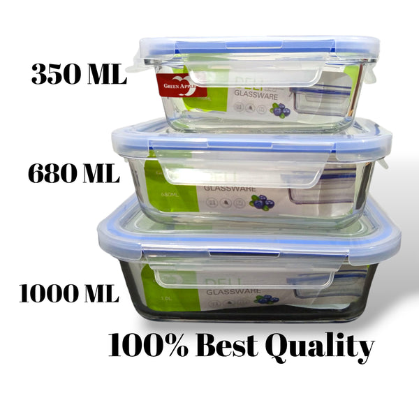 premium 3-piece glass food storage container set with airtight lids, available in 350ml, 680ml, and 1.0L capacities