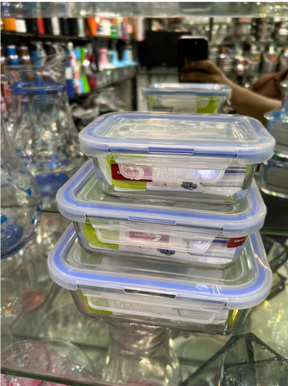 premium 3-piece glass food storage container set with airtight lids, available in 350ml, 680ml, and 1.0L capacities