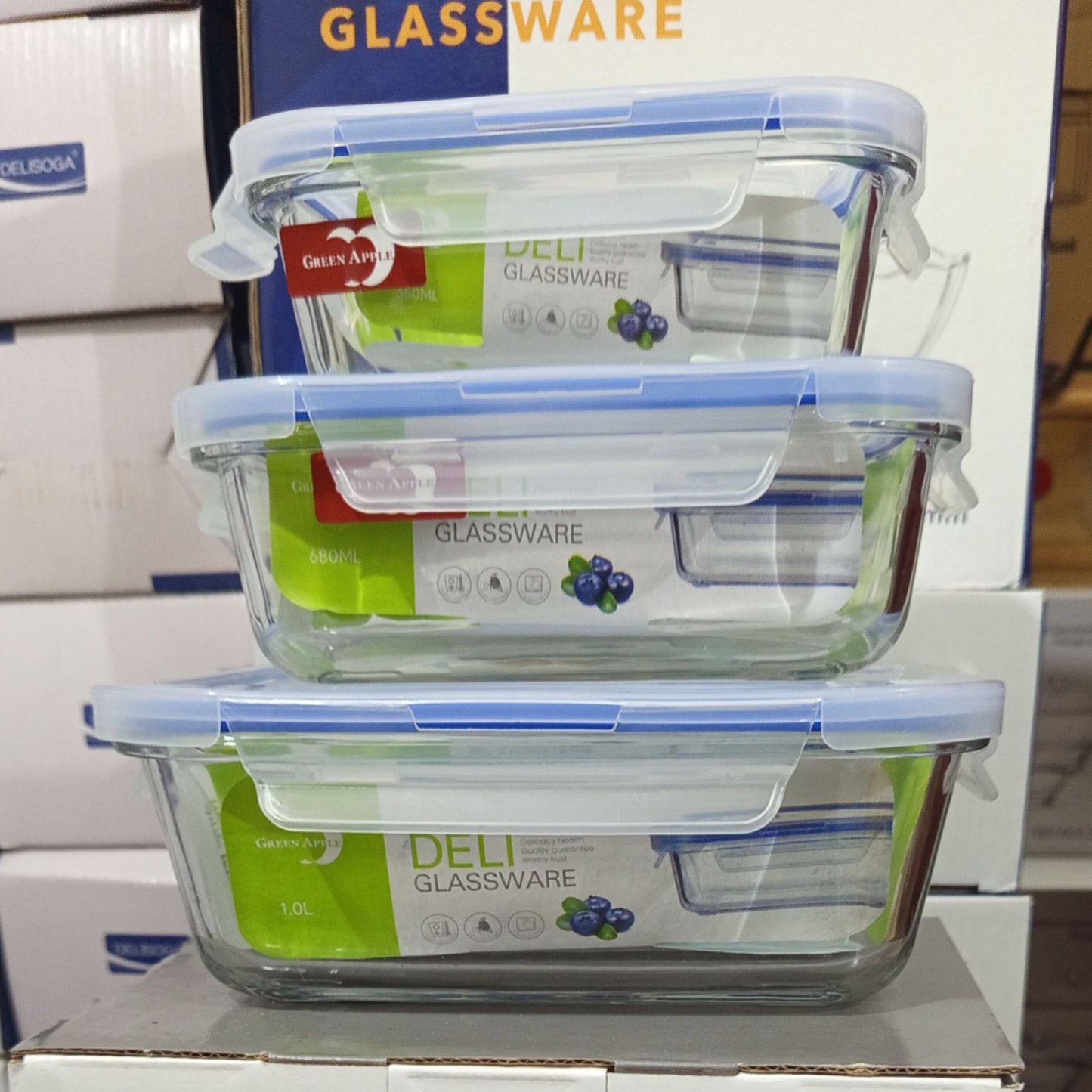 premium 3-piece glass food storage container set with airtight lids, available in 350ml, 680ml, and 1.0L capacities
