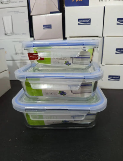 premium 3-piece glass food storage container set with airtight lids, available in 350ml, 680ml, and 1.0L capacities
