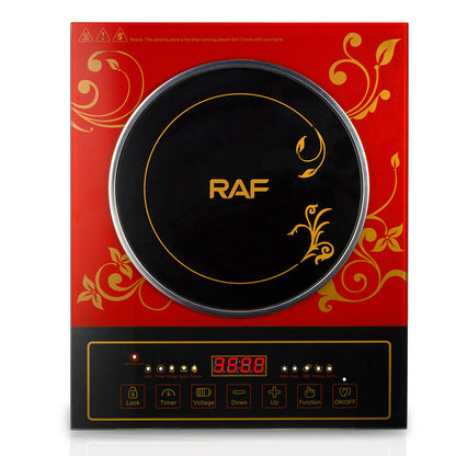 Induction cooktop with RAF branding on a red and gold decorative background