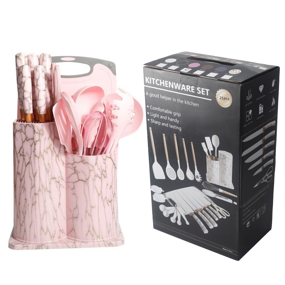 Kitchen utensils set with pink holder and packaging 